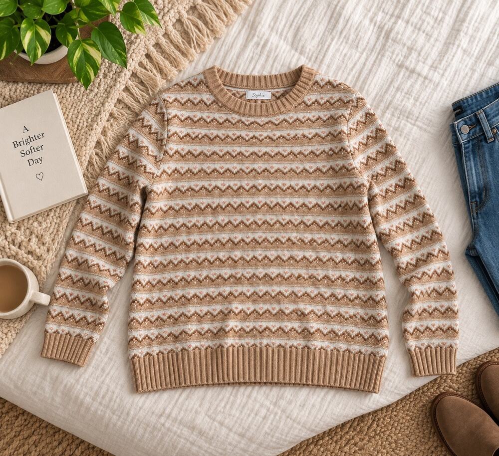 Croft & Barrow Women’s XXL Fair Isle Knit Sweater Tan Cream Pink Nordic
